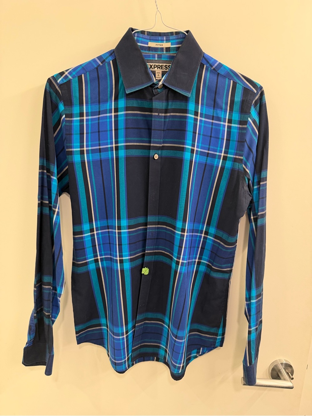Express Men’s Blue & Teal Plaid Button-Down Shirt